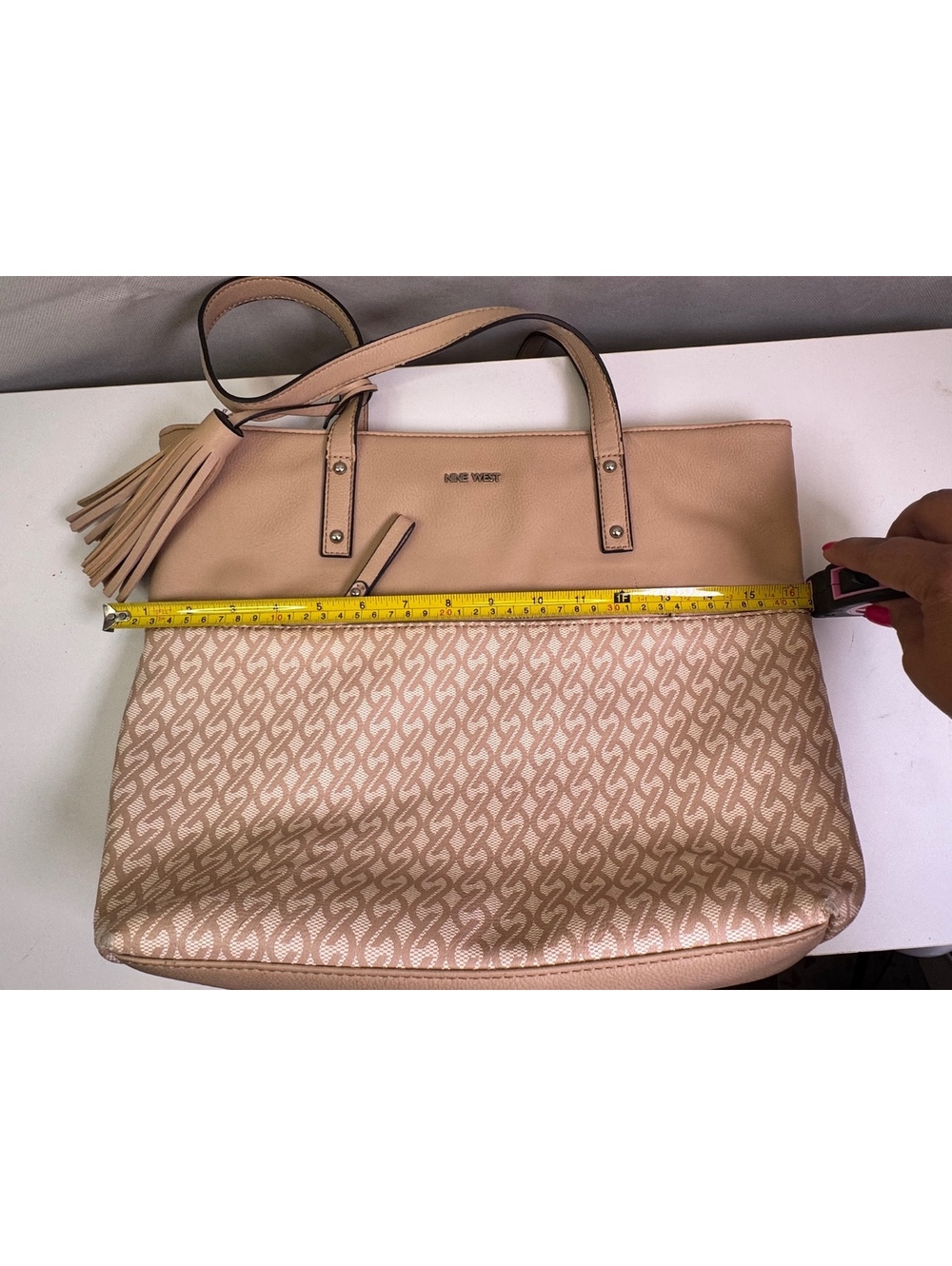 Nine West Beige Logo Print Tote Bag Tassel Large Shoulder Handbag - Picture 5 of 6